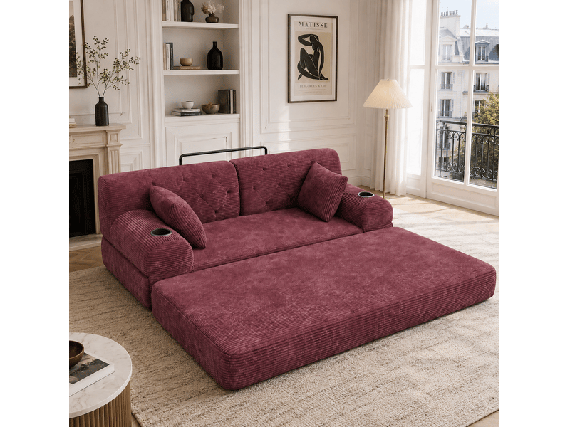  Canapé-lit 2 places en velours côtelé bordeaux, 4 poches et 2 porte-gobelets  - Conforama B