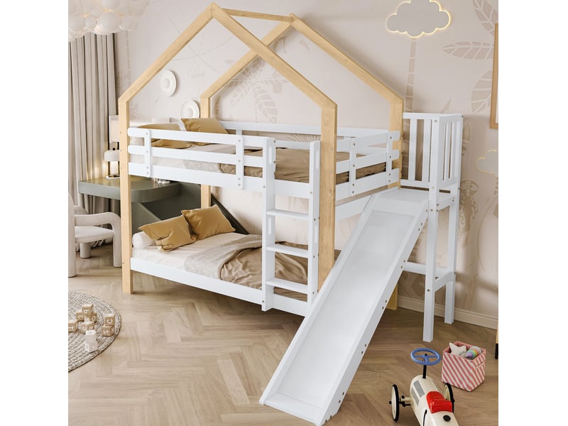  Lit superposé enfant cabane avec toboggan et échelle 3 marches 90x200 cm blanc naturel  - Conforama D