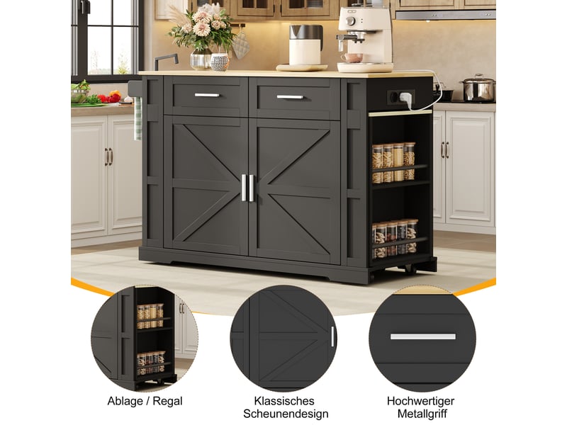  Îlot de cuisine à roulettes plateau extensible 2 tiroirs noir et chêne 130x50x93 cm N635P4044192021S - Conforama E