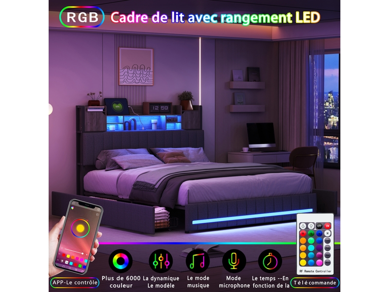 Lit double 160x200 cm,lit capitonné rembourré avec 4 tiroirs et led, usb et type-c, tête de lit rangement, gris, lin - Conforama R