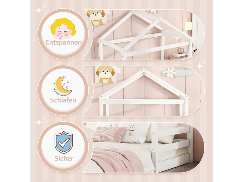  Lit cabane enfant 140x200 -  style minimaliste - lit enfant - bois de pin massif blanc, forme maison, sommier inclus - blanc  - Conforama E