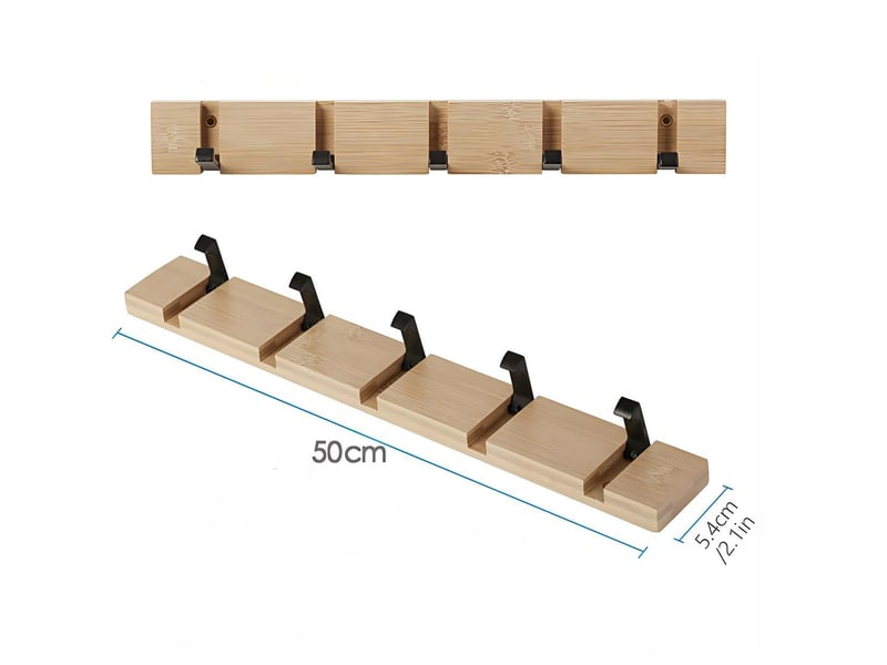  Patère murale 5 crochets rétractables, porte-manteau mural naturel pour manteaux, écharpes, sacs, marron  - Conforama B