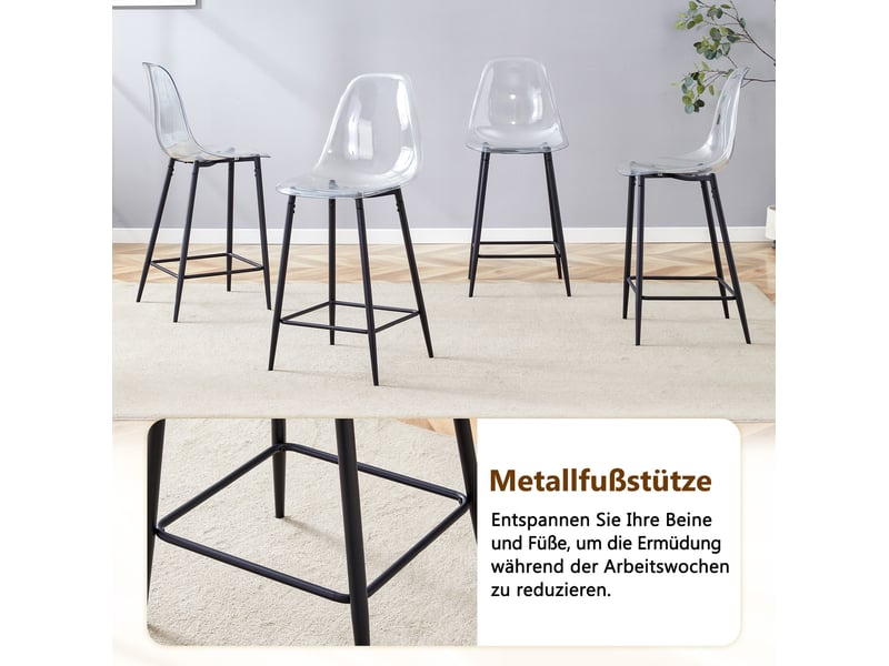  Tabourets de bar 43x50x101 cm lot de 4, transparents, chaise de bar, design moderne, cuisine, structure métal, noir  - Conforama E