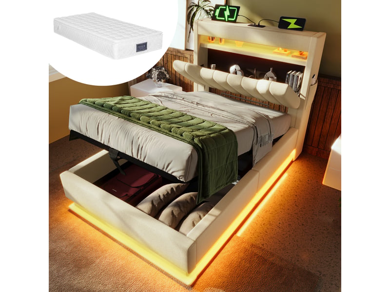  Lit coffre 90x200 cm, lit enfant avec tête de lit rangement, usb et type-c, led, en lin beige, matelas inclus  - Conforama B