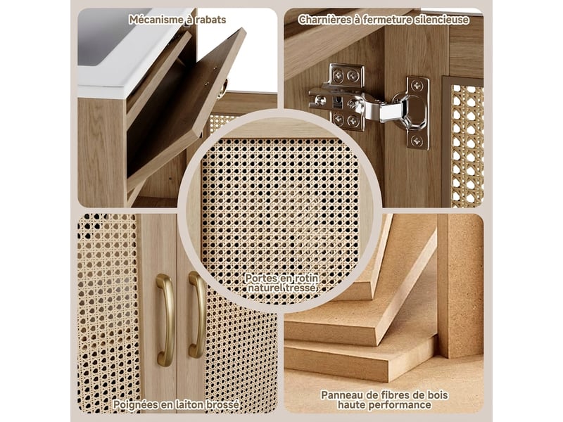  Meuble vasque 76 cm avec lavabo en céramique, finition bois naturel et portes effet rotin  - Conforama D