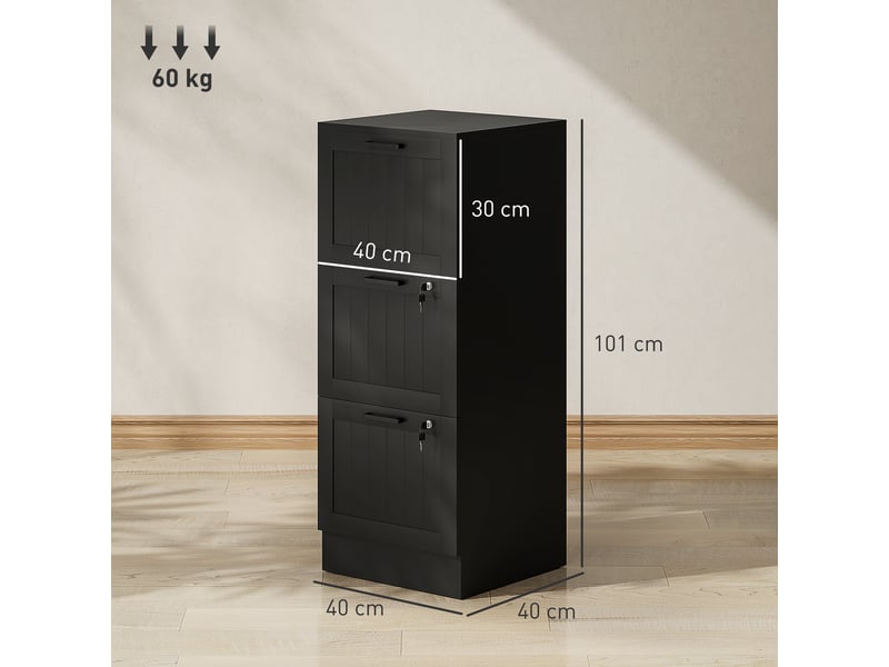  Caisson bureau, meuble rangement bois 3 tiroirs et serrure, barres de suspension réglables, noir, 40 x 40 x 101 cm  - Conforama C