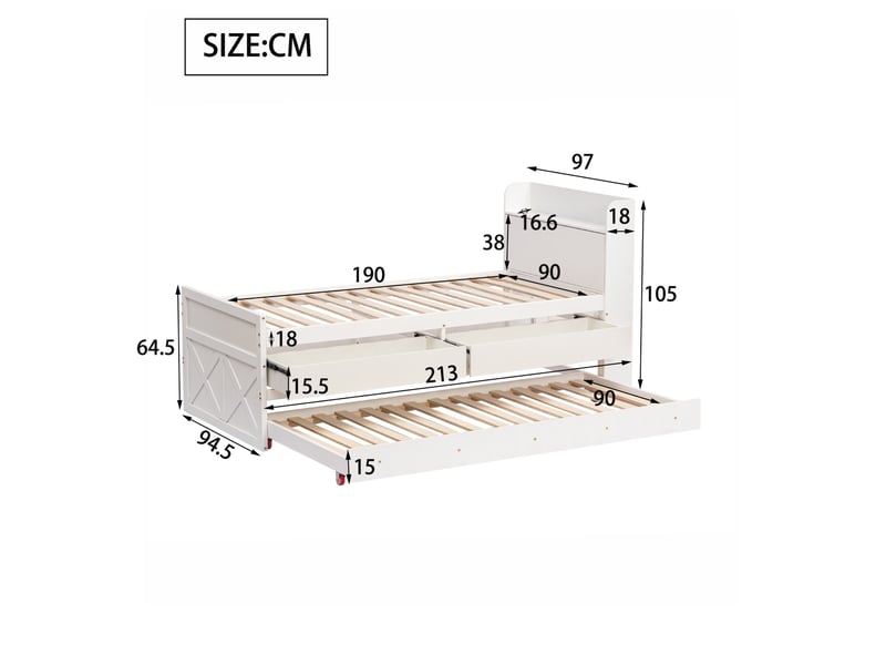  Lit gigogne 90x190 cm avec tiroirs de rangement, port usb, bois, blanc sans matelas  - Conforama C