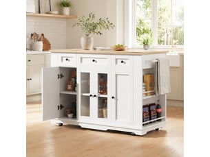 Îlot de cuisine 151,5x60x91,7 cm blanc et naturel avec plateau rabattable