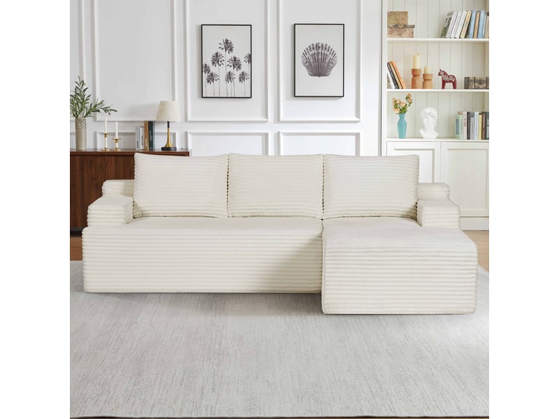 Canapé d’angle 4 places beige clair en velours côtelé, style nuage avec méridienne gauche, modulable et convertible - Conforama D