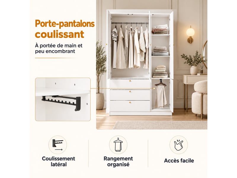  Armoire penderie 135x50x200 cm blanche, 3 portes à lattes, 3 tiroirs, 2 tringles et porte-pantalons  - Conforama E