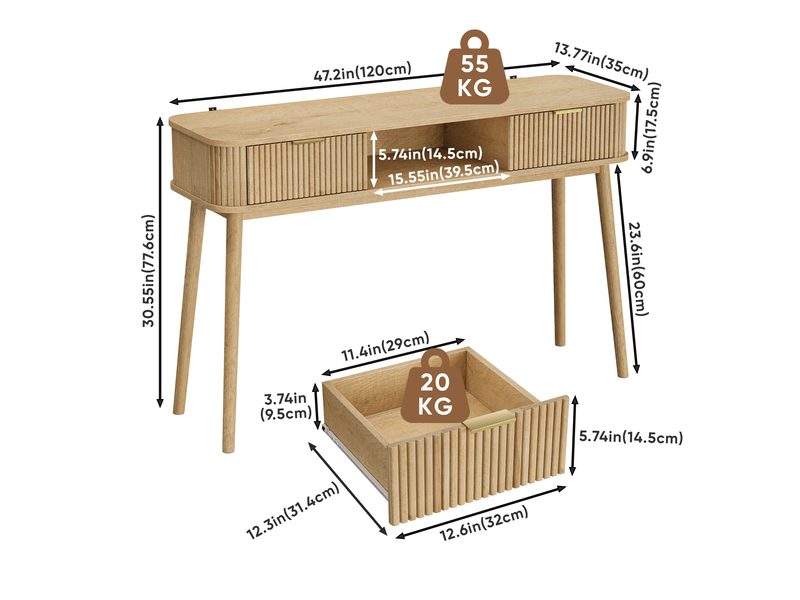  Console vintage 120x35x77,6 cm avec 2 tiroirs et niche ouverte mdf panneau de particules bois clair  - Conforama E