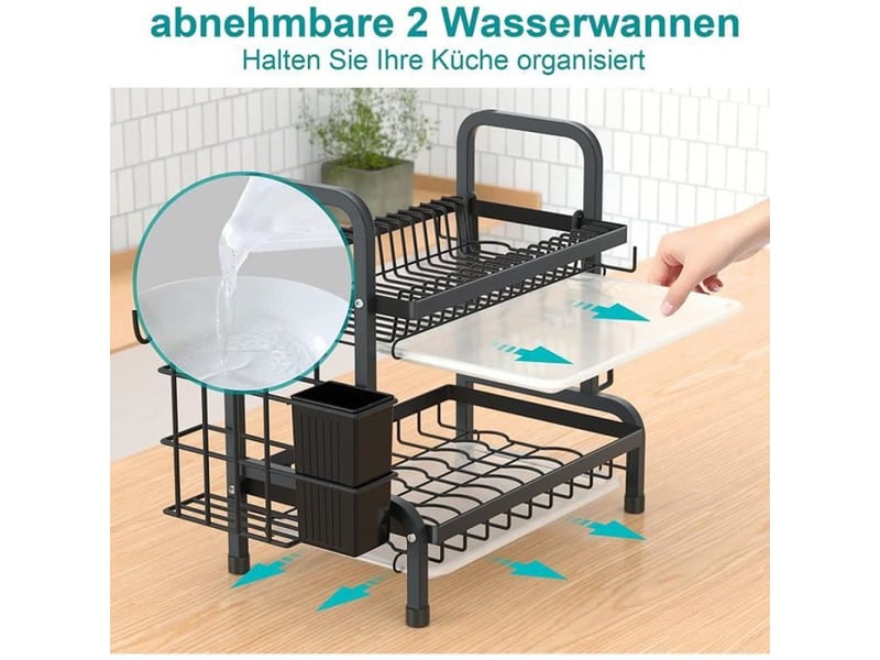  Egouttoir vaisselle 2 niveaux inox 304 noir avec bac et porte couverts  - Conforama D