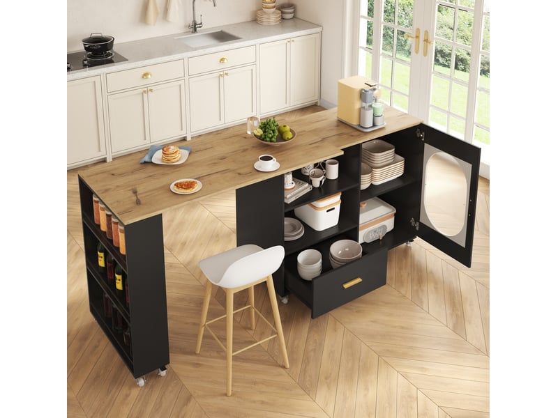  Îlot de cuisine 120-180x60x90 cm plateau pivotant 360° coloris naturel et noir  - Conforama E