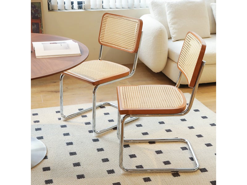  Chaise de salle à manger lot de 2 53 x 46,4 x 84,6 cm, dossier rotin, pieds acier chromé pour cuisine et salon - marron et bois  - Conforama D