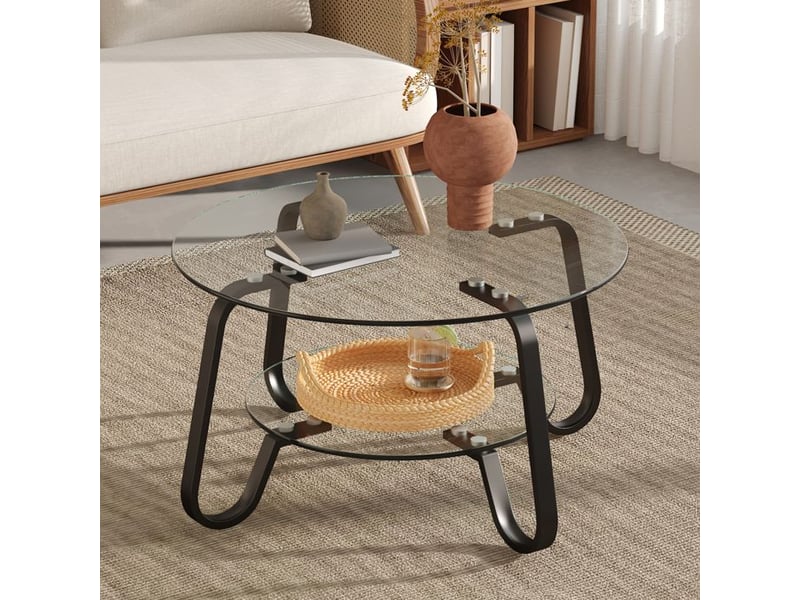  Table basse en verre trempé - design industriel moderne - cadre en métal robuste - deux niveaux de plateaux noir - Conforama B