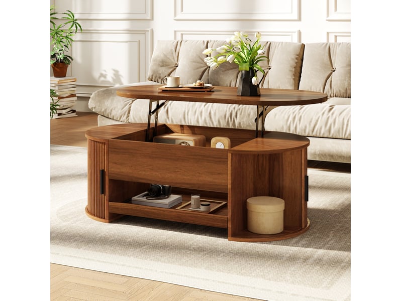 Table basse relevable avec rangements cachés, portes coulissantes latérales et tablette en mdf noyer pour salon - Conforama E
