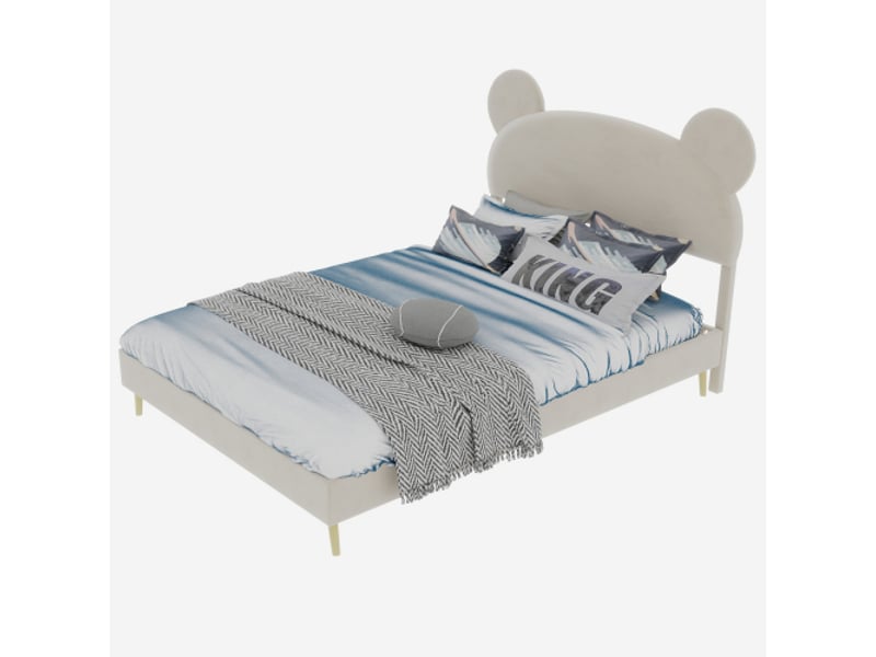  Lit enfant 140x200 cm, tête de lit dessin animé, sommier à lattes, en velours, beige, sans matelas  - Conforama E