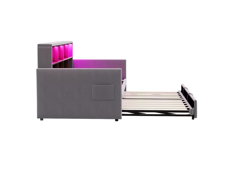  Lit gigogne enfant 90x190 cm canapé-lit avec led et rangement, velours, gris foncé, sans matelas  - Conforama R