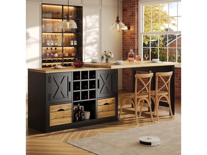  Table à manger extensible avec buffet 120-197x40x72 cm,plateau pivotant 360°,tiroir,porte-bouteilles amovible,gain de place,noir  - Conforama B