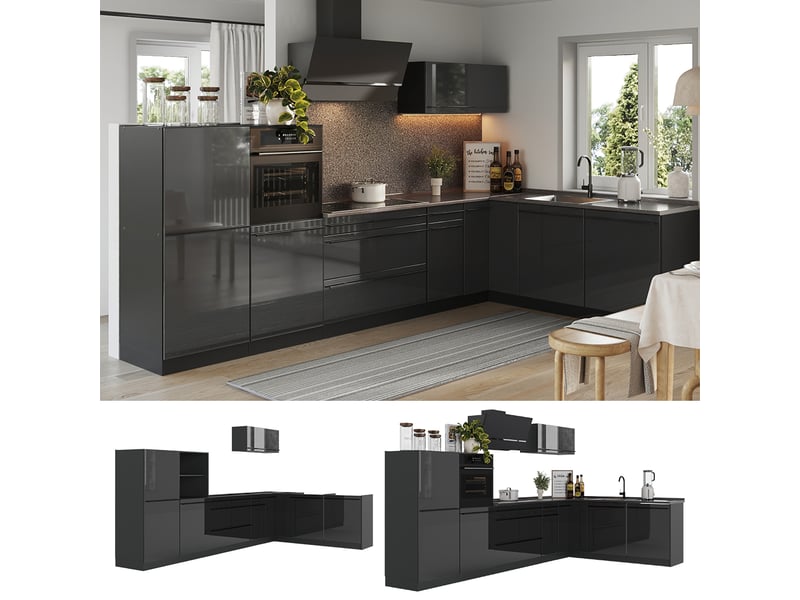 Vicco cuisine en angle, anthracite haute brillanceanthracite, 347 x cm plan de travail chêne doré - Conforama D