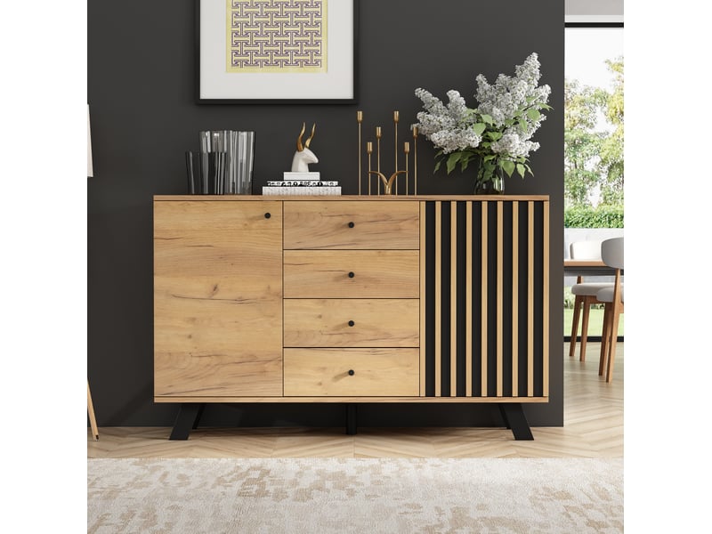  Ensemble meuble tv 150 cm et buffet 120 cm avec rangements, bois naturel et noir  - Conforama D