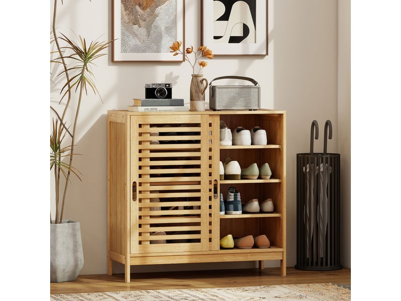 Meuble à chaussures avec 2 portes coulissantes à lattes et étagères réglables pour 16 paires de chaussures, 80x35x80 cm, naturel. - Conforama B