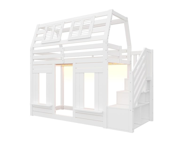 Lit superposé 90x200 cm lit enfant bois maison led protection anti-chute escalier rangement forme fenêtre blanc  - Conforama E