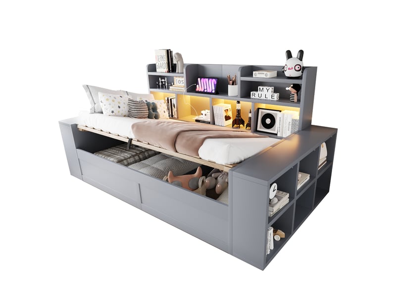  Lit banquette 1 place 90 x 200 cm en bois gris, coffre hydraulique, rangements intégrés au dossier et aux accoudoirs, prise électrique, éclairage led  - Conforama A