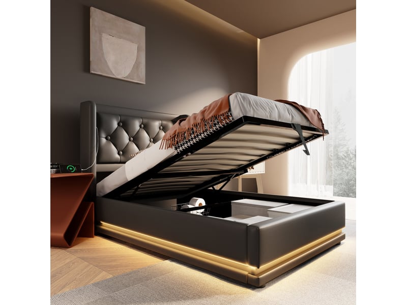  Modenvie lit coffre 90x200 cm - rangement hydraulique, led 3 côtés, avec matelas - noir  - Conforama E