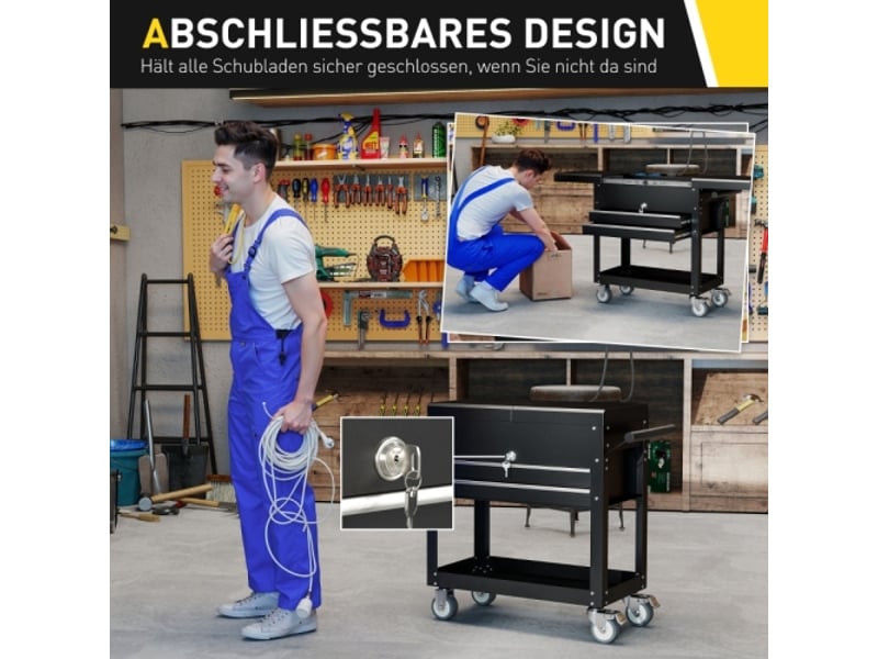  Armoire à outils roulante noire en acier avec tiroirs, surface de travail, serrure et poignée, coffre mobile pour atelier  - Conforama C