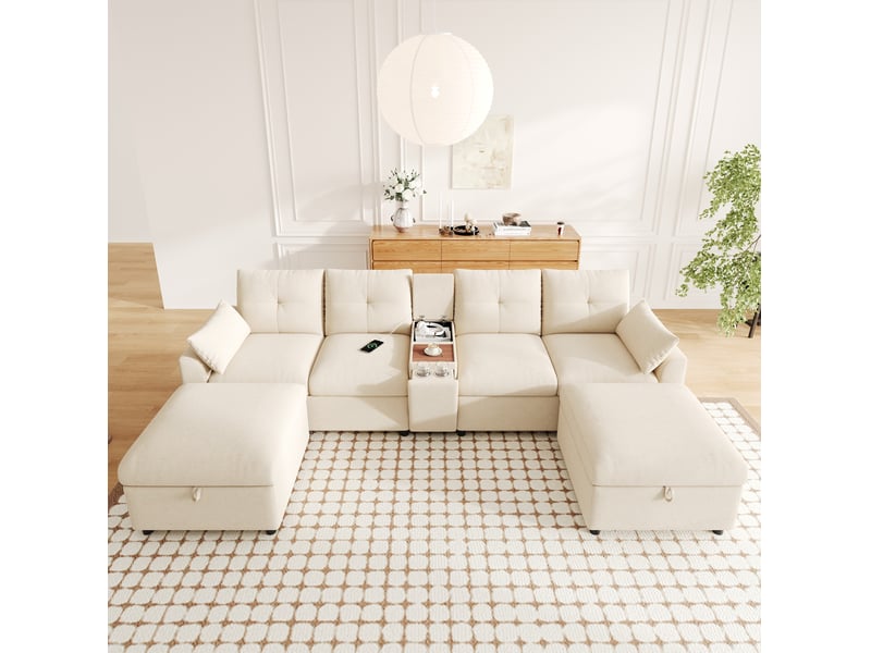  Canapé d'angle modulable 6 places 316x140x84.5 cm en chenille beige  - Conforama D