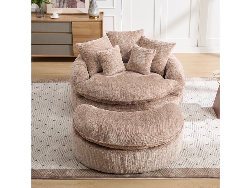 Fauteuil rond modulable avec accoudoirs doubles et coussins pour salon, assise en mousse, tissu polyester café - Conforama C
