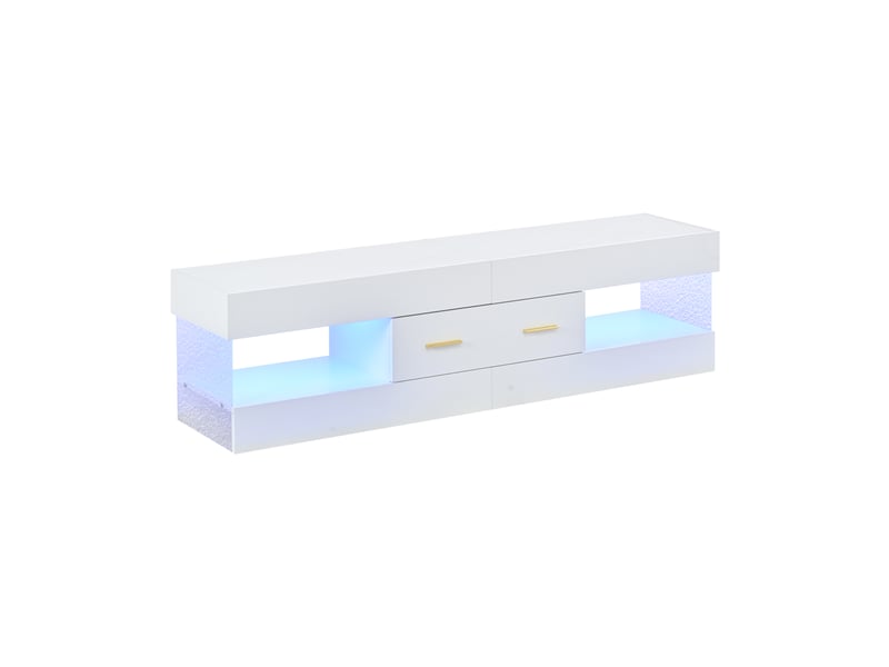 Meuble tv led 152 cm blanc laqué avec 2 tiroirs, étagères ouvertes et panneaux acryliques – pour tv jusqu’à 75 pouces - Conforama A