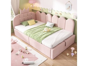 Lit banquette coffre 90 × 190 cm en velours rose, rangement hydraulique et tête en l motif couronne