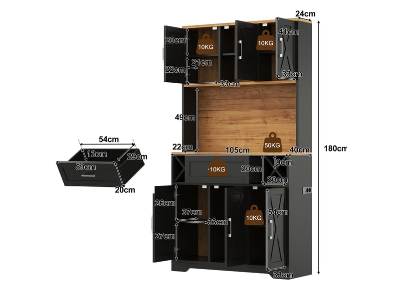  Buffet de cuisine 105x40x180 cm avec led et porte-bouteilles noir et bois naturel  - Conforama C