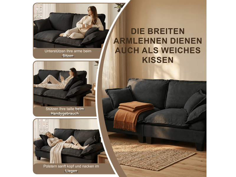  Canapé panoramique en u modulable avec rangement, usb et porte-gobelets - 2 ottomanes, chenille noir  - Conforama D