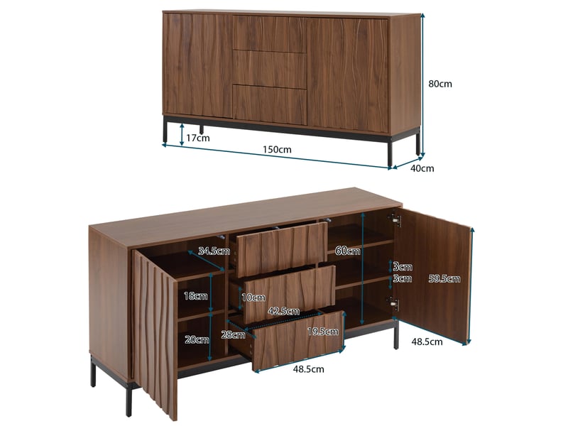 Buffet 150 cm marron foncé effet chêne, 3 tiroirs, 2 portes et 2 étagères réglables - Conforama E
