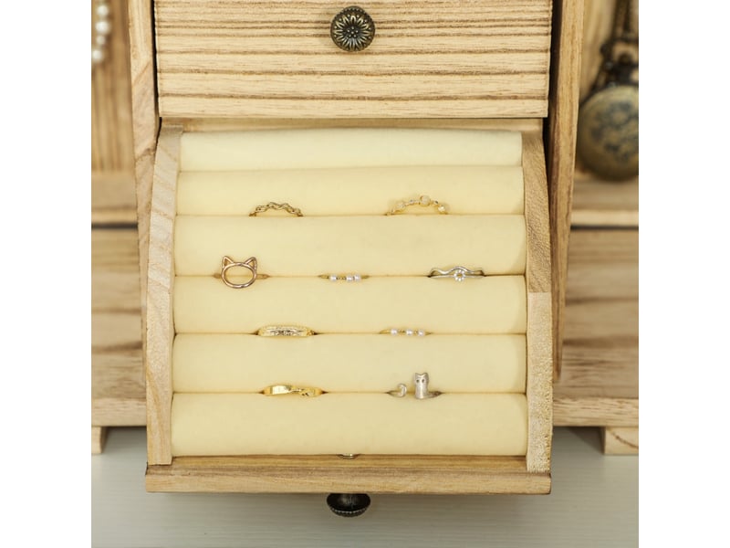  Boîte à bijoux en bois 4 niveaux 26,5x16x33,5 cm – coffret à bijoux avec miroir intégré, tiroirs et portes latérales à 8 crochets pour colliers – marron  - Conforama B