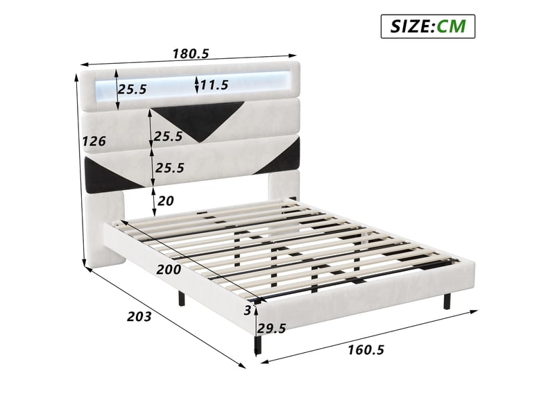  Lit 160x200cm - lit double 160x200 - avec tête de lit modulable géométrique en velours, led rvb, usb et ue - beige  - Conforama E