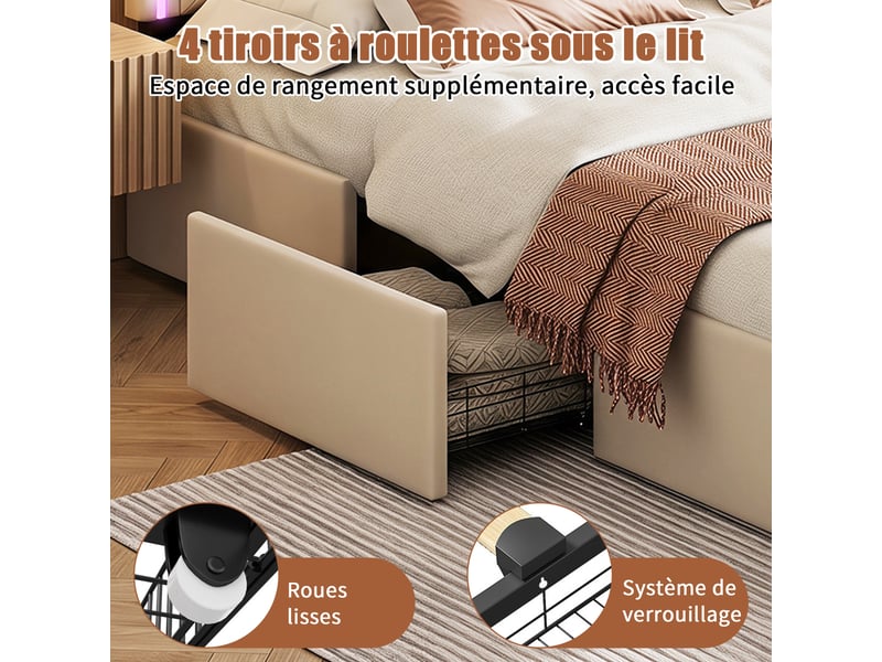  Lit double adulte 160 x 200 - lit 160 x 200 - 4 tiroirs de rangement - éclairage led d'ambiance - pu - beige  - Conforama E