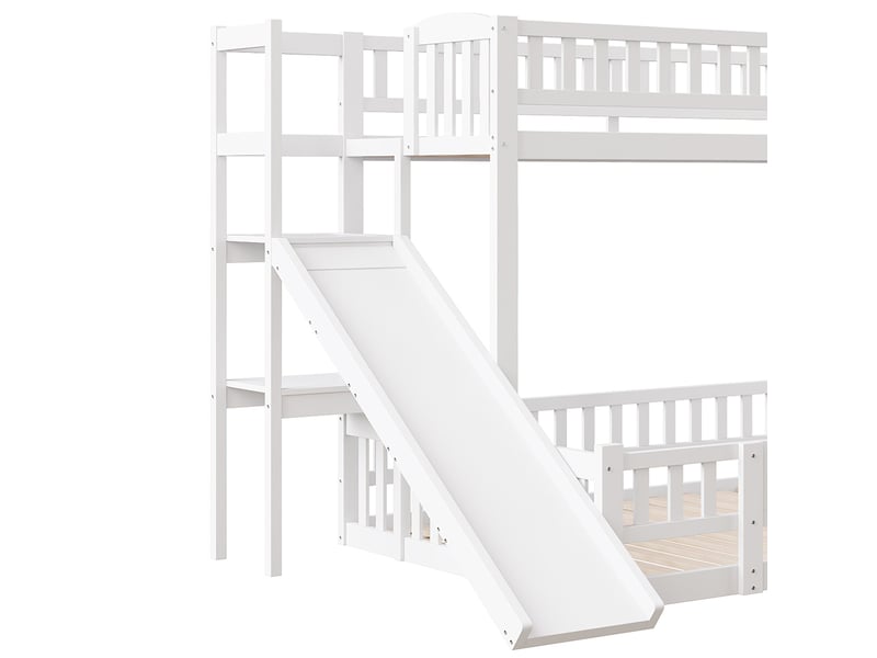  Lit superposé 140x200+90x200cm avec toboggan, étagères de rangement, escalier et sommiers, pin+mdf, blanc, sans matelas  - Conforama E