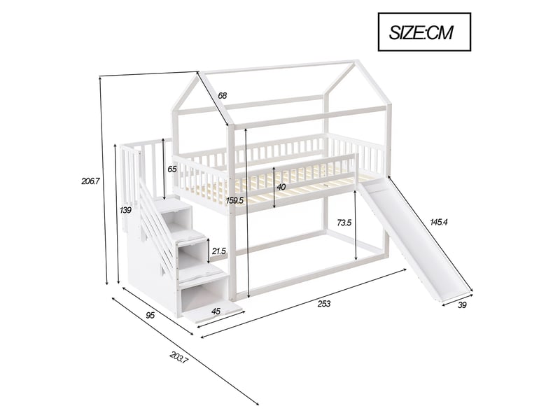 Lit mezzanine enfant avec toboggan et escalier de rangement, lit superposé 90x200 cm blanc en bois massif avec barrières de sécurité. - Conforama R