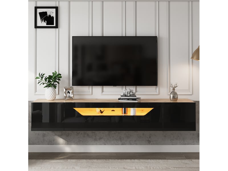  Meuble tv mural modenvie 180 x 37 x 36 cm avec led et rangement noir et bois naturel  - Conforama E