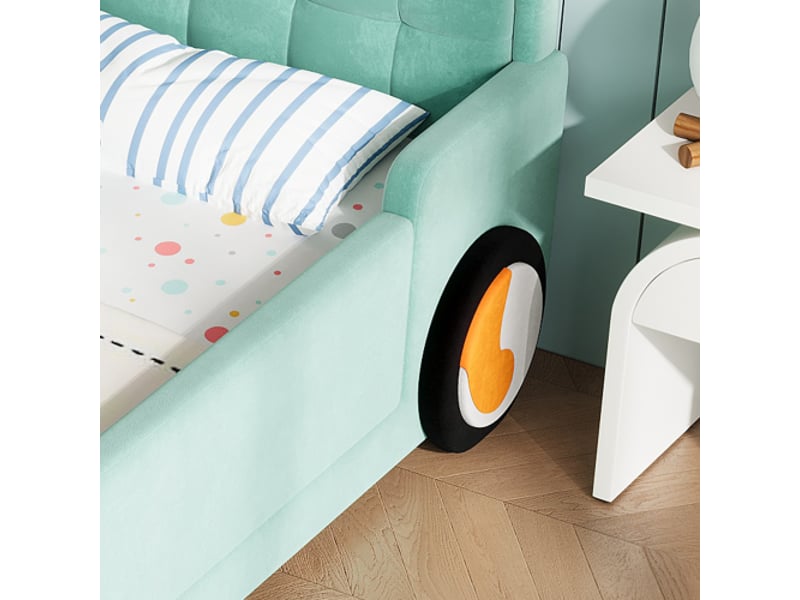  Lit enfant voiture avec toboggan et marche, réversible gauchedroite, cadre rembourré bleu-vert, barrière 140x200 cm  - Conforama E