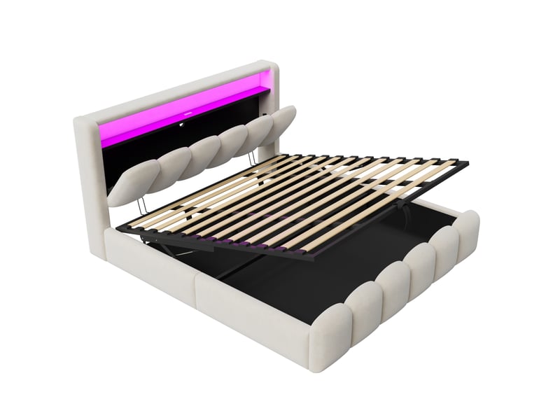  Lit 2 places 180x200 cm – beige – coffre hydraulique, led, usb, rangement tête de lit en velours – sans matelas  - Conforama D