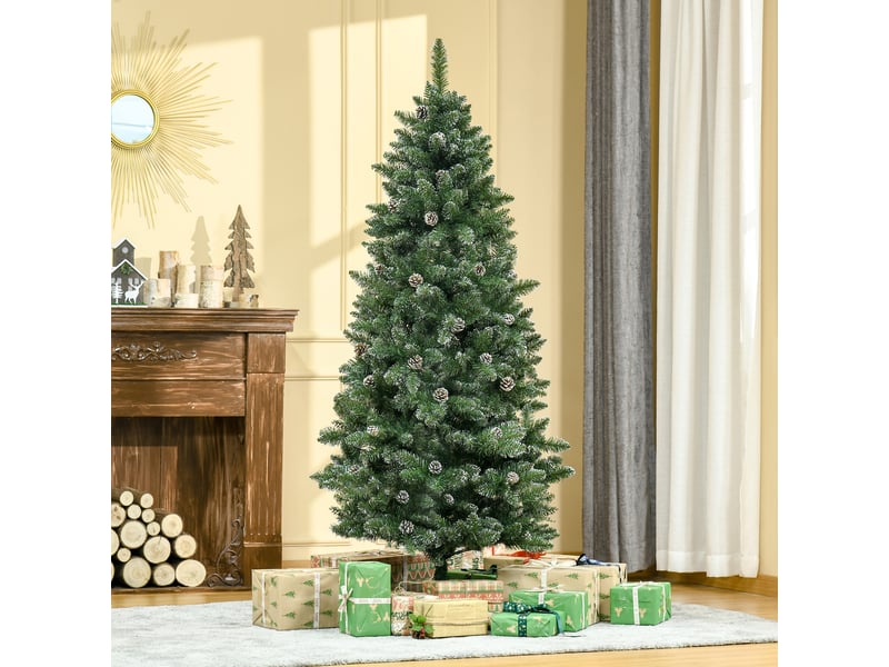 Sapin de noël artificiel aspect enneigé 180h cm 50 pommes de pin 718 branches épines imitation nordmann grand réalisme  - Conforama D