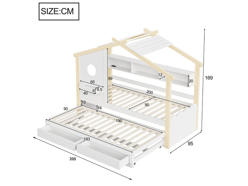 Lit enfant cabane avec lit gigogne, tiroirs, led et ports usb et type-c, en bois blanc et naturel - Conforama C