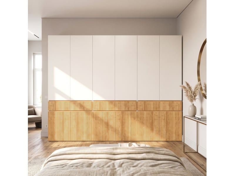  Armoire 12 portes avec 3 tiroirs et 3 penderies, finition chêne clair et gris, pour chambre, 270 × 50 × 200 cm  - Conforama B