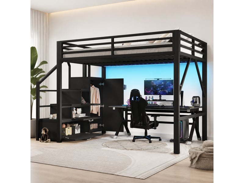  Lit mezzanine double 140×200 cm, led réglable, rangements et penderie  - sans matelas, métal noir  - Conforama B
