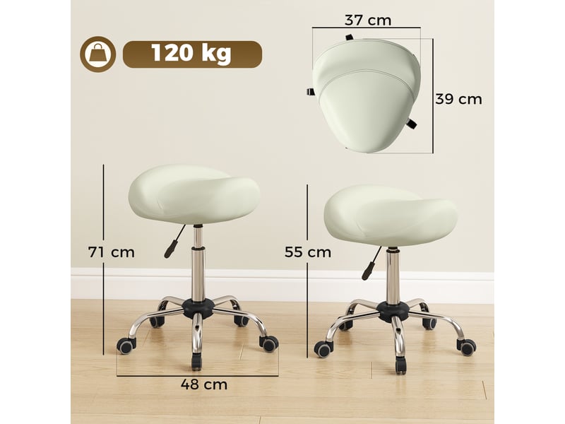  Fauteuil de selle roulant réglable en hauteur, revêtement pu, pour massage, spa, clinique, institut de beauté, tatouage, blanc crème  - Conforama E